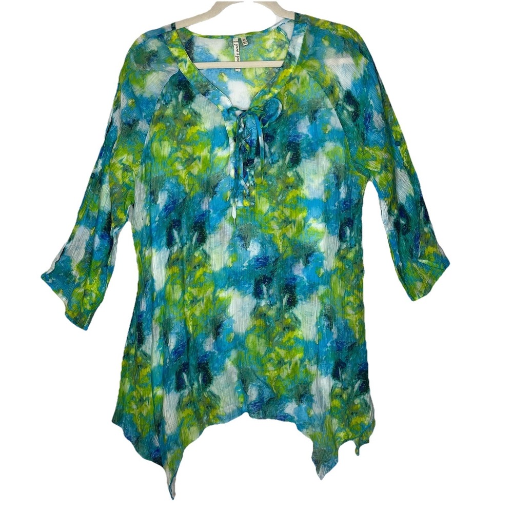 Grand & Greene Womens Blue Fair Whimsy Assymetrical Hem Boho Tunic Top Size XL